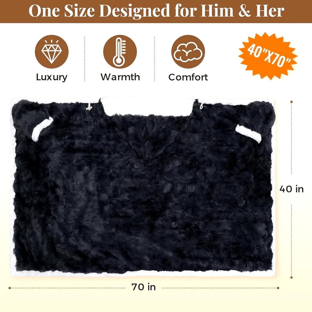 Heated Plush Hooded Wearable Blanket - Black with White Trim - Picture 4 of 4